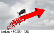 Market crisis and bull economy danger and economic panic concept trending upwards as a precarious financial profit symbol and inflationary stock market in collapse as a symbol of inflation risk with 3D render elements. Стоковое фото, агентство Ingram Publishing / Фотобанк Лори