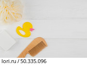 flat lay comb with ducky loofah baby shower. Стоковое фото, агентство Ingram Publishing / Фотобанк Лори