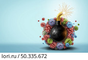 Variant Risk and virus mutation outbreak as a virus mutating or new coronavirus and covid-19 disease strain as an influenza background with dangerous flu health risk as a 3D render. Стоковое фото, агентство Ingram Publishing / Фотобанк Лори