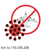 Prevention of Coronavirus Disease 2019 (COVID-19). Flight Cancelled Icon. Flat Color Design. Vector Illustration. Стоковая иллюстрация, агентство Ingram Publishing / Фотобанк Лори