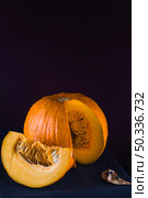 OLYMPUS DIGITAL CAMERA. koelreuteria paniculata ripe pumpkin slice black backdrop. Стоковое фото, агентство Ingram Publishing / Фотобанк Лори