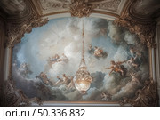 A luxurious ceiling in the Baroque or Rococo style, decorated with a picturesque fresco with mythological scenes against a background of clouds. The composition includes numerous figures of ancient gods, angels and allegorical characters, as if floating in the sky. The fresco frame is made of stucco with exquisite gilded details. In the center of the composition is a crystal chandelier with a richly decorated base. The atmosphere of the interior emphasizes the grandeur and elegance of the classic European palace style. Стоковое AI-изображение, AI-художник Анна Кривицкая / Фотобанк Лори