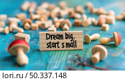 A wooden sign with the words Dream Big Starts Small written in black paint, against a plain background. The sign is weathered and rustic. Стоковое AI-изображение, AI-художник Данила Большаков / Фотобанк Лори