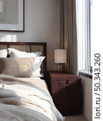 Cozy modern bedroom corner with soft neutral bedding, wooden headboard, nightstand, and lamp bathed in natural daylight through a sheer-curtained window. Стоковое AI-изображение, AI-художник Катерина Бондарец / Фотобанк Лори