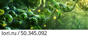 Artistic depiction of neuron synapse with neurotransmitter release in a green vibrant environment. Стоковое AI-изображение, AI-художник Данила Большаков / Фотобанк Лори