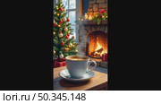 A warming mug of coffee near the fireplace in a cozy warm knitted plaid and Christmas decor. Cozy winter illustration, Christmas, New Year. AI generated. Стоковое AI-видео, аниматор Ольга Симонова / Фотобанк Лори