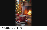 A warming mug of coffee near the fireplace in a cozy warm knitted plaid and Christmas decor. Cozy winter illustration, Christmas, New Year. AI generated. Стоковое AI-видео, аниматор Ольга Симонова / Фотобанк Лори