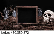 black empty sign standing graveyard with skull. Стоковое фото, агентство Ingram Publishing / Фотобанк Лори