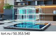 Glowing blue digital wireframe of multi-story building projected onto a tablet screen illustrating modern design and construction technologies. Стоковое AI-видео, аниматор Елена Никишина / Фотобанк Лори