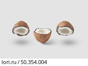 Set of natural coconut in halves with fresh ripe pulp and dry brown shell composed in row on white background casting shadows. Cracked halves of raw fresh coconut. Стоковое фото, агентство Ingram Publishing / Фотобанк Лори