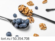 high angle blueberries walnuts spoons. Стоковое фото, агентство Ingram Publishing / Фотобанк Лори