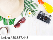tropical vacation arrangement with sunscreen camera hut sunglasses coconut flowers palm leaves. Стоковое фото, агентство Ingram Publishing / Фотобанк Лори