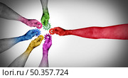 Joining a meeting business concept for corporate success as diverse hands uniting together and an individual connecting to the group with 3D illustration elements. Стоковое фото, агентство Ingram Publishing / Фотобанк Лори