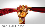 Artery disease and food causing Arteriosclerosis or clogged arteries or human vein as a hand fist with greasy fast food causing narrowing and blocking blood flow to the heart and organs with 3D illustration elements. Стоковое фото, агентство Ingram Publishing / Фотобанк Лори