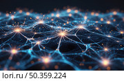 Intricate neural network with radiant pulsing nodes in futuristic digital depth and elegance. Стоковое AI-изображение, AI-художник Андрей Бакусов / Фотобанк Лори