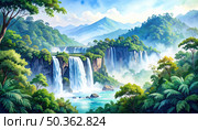 Waterfall cascading through a lush jungle landscape evoking untouched nature, peace, rainforest adventure and eco-destination exploration. Стоковое AI-изображение, AI-художник Igor Tichonow / Фотобанк Лори