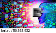 Metaverse VR or virtual reality and internet futuristic streaming media symbol with entertainment technology and augmented reality as a computer media concept with 3D illustration elements. Стоковое фото, агентство Ingram Publishing / Фотобанк Лори