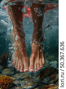 Beautiful woman's feet on water, underwater artworks. Стоковое AI-изображение, AI-художник Katsiaryna Repich / Фотобанк Лори