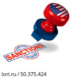 United States sanctions and  tariffs or American trade tariff in the US as a stamp mark as an economic import and exports trade barrier concept as a 3D illustration. Стоковое фото, агентство Ingram Publishing / Фотобанк Лори