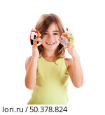 Cute and happy girl playing with finger puppets. Стоковое фото, агентство Ingram Publishing / Фотобанк Лори