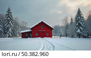 A red wooden house in a snowy landscape, standing on a snowy plain surrounded by trees, soft diffused light, frontal view. Стоковое AI-видео, аниматор Sergey Grishin / Фотобанк Лори