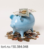 close up piggy bank with notes coins. Стоковое фото, агентство Ingram Publishing / Фотобанк Лори