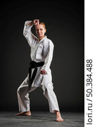 front view woman doing karate pose. Стоковое фото, агентство Ingram Publishing / Фотобанк Лори