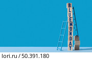 blue monday with wooden cubes ladders copy space. Стоковое фото, агентство Ingram Publishing / Фотобанк Лори