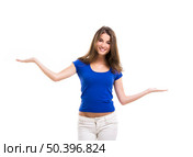 Beautiful young woman with arms open making a scale, isolated over a white background. Стоковое фото, агентство Ingram Publishing / Фотобанк Лори