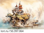 A fantasy watercolor illustration of a castle on top of a cliff surrounded by fog and mountains. The house with its pointed roofs and towers looks secluded, as if floating above the water. A stone staircase descends down the cliff, and a waterfall babbles at the foot. In the distance, flying creatures and a rocky landscape give the plot a fairy-tale and mystical atmosphere. The illustration is perfect for book design, postcards, posters and fantasy projects. Стоковое AI-изображение, AI-художник Анна Кривицкая / Фотобанк Лори