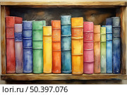 Watercolor illustration of a bookshelf with neat rows of books in brightly colored covers, ranging from red and orange to blue, green and purple. The painting is done in an artistic, slightly fairytale style with a warm wooden frame and soft colors. This image conveys an atmosphere of coziness, love of reading and the aesthetics of a classic library. Стоковое AI-изображение, AI-художник Анна Кривицкая / Фотобанк Лори