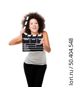 Beautiful african american woman holding a clapboard, isolated on white. Стоковое фото, агентство Ingram Publishing / Фотобанк Лори