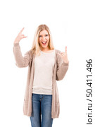 Beautiful blonde woman with a silly face and making gestures with her hands, isolated over white background. Стоковое фото, агентство Ingram Publishing / Фотобанк Лори