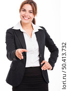 Beautiful hispanic business woman giving a handshake, over a white background. Стоковое фото, агентство Ingram Publishing / Фотобанк Лори