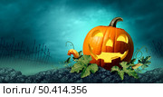 Spooky cemetery pumpkin and dark gloomy graveyard as a creepy haunted Halloween burial grave background at night with 3D render elements. Стоковое фото, агентство Ingram Publishing / Фотобанк Лори