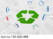 empty plastic bottles around recycling logo. Редакционное фото, агентство Ingram Publishing / Фотобанк Лори
