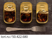 top view preserved mussels cans with fork. Стоковое фото, агентство Ingram Publishing / Фотобанк Лори
