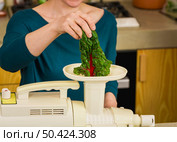 Woman using a centrifuge machine to prepare a detox juice. . Стоковое фото, агентство Ingram Publishing / Фотобанк Лори