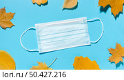 top view fall leaves with medical mask. Стоковое фото, агентство Ingram Publishing / Фотобанк Лори