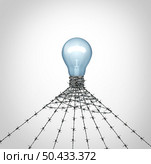 Intellectual Property Protection and IP security and creative law  metaphor as a light bulb wrapped in protective barbed wire with 3D illustration elements. Стоковое фото, агентство Ingram Publishing / Фотобанк Лори