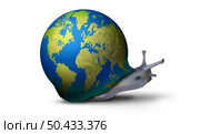 Global economic slowdown or world business stagnation and slow international economy as a symbol for corporate problems as a financial concept with the earth shaped as a snail with 3D illustration elements. Стоковое фото, агентство Ingram Publishing / Фотобанк Лори