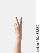 The outer hand sign language finger alphabet V letter, count on fingers, female hand with 5, five, fifth number, victory isolated on white background. Counting one to five fingers concept.. Counting on fingers, five back hand. Стоковое фото, агентство Ingram Publishing / Фотобанк Лори