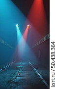 Colorful beaming led lights with white and red glow in darkness. Fog or mist lays on ground for creepy or scary mood. Concept danger or evacuation signs in futuristic movie style. Стоковое AI-видео, аниматор Sergey Grishin / Фотобанк Лори