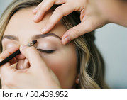 Визажист наносит свадебный макияж невесте. Крупный план. Стоковое AI-изображение, AI-художник Сергей Никифоров-Гордеев / Фотобанк Лори