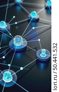 A 3D networking icon with interconnected dots forming a web, glowing blue nodes, symbolizing professional connections. Стоковое AI-видео, аниматор Sergey Grishin / Фотобанк Лори