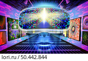 Metaverse virtual reality museum and internet futuristic streaming media symbol with VR technology and NFT crypto technology as a computer media concept in a 3D illustration style. Стоковое фото, агентство Ingram Publishing / Фотобанк Лори