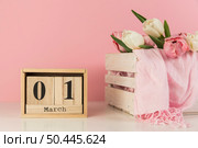 wooden calendar showing 1st march near crate with tulips scarf against pink background. Стоковое фото, агентство Ingram Publishing / Фотобанк Лори