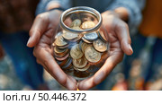 Person holding a glass jar filled with coins, showcasing savings and financial planning. Стоковое AI-изображение, AI-художник Данила Большаков / Фотобанк Лори