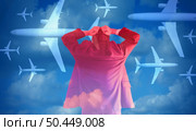 AirTravel industry crisis and flight delays or trip cancelation at the airport as an avation business traveler or tourist headache problem for airline and tourism with 3D illustration elements. Стоковое фото, агентство Ingram Publishing / Фотобанк Лори