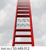 Challenges to success business metaphor and Startup problem climbing a ladderwith barbed wire obstacles with 3D illustration elements. Стоковое фото, агентство Ingram Publishing / Фотобанк Лори